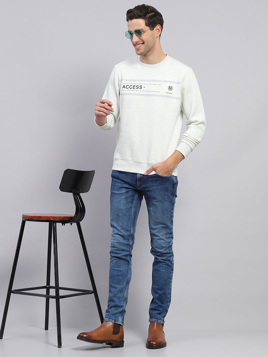 Men Grey Printed Round Neck Full Sleeve Sweatshirt