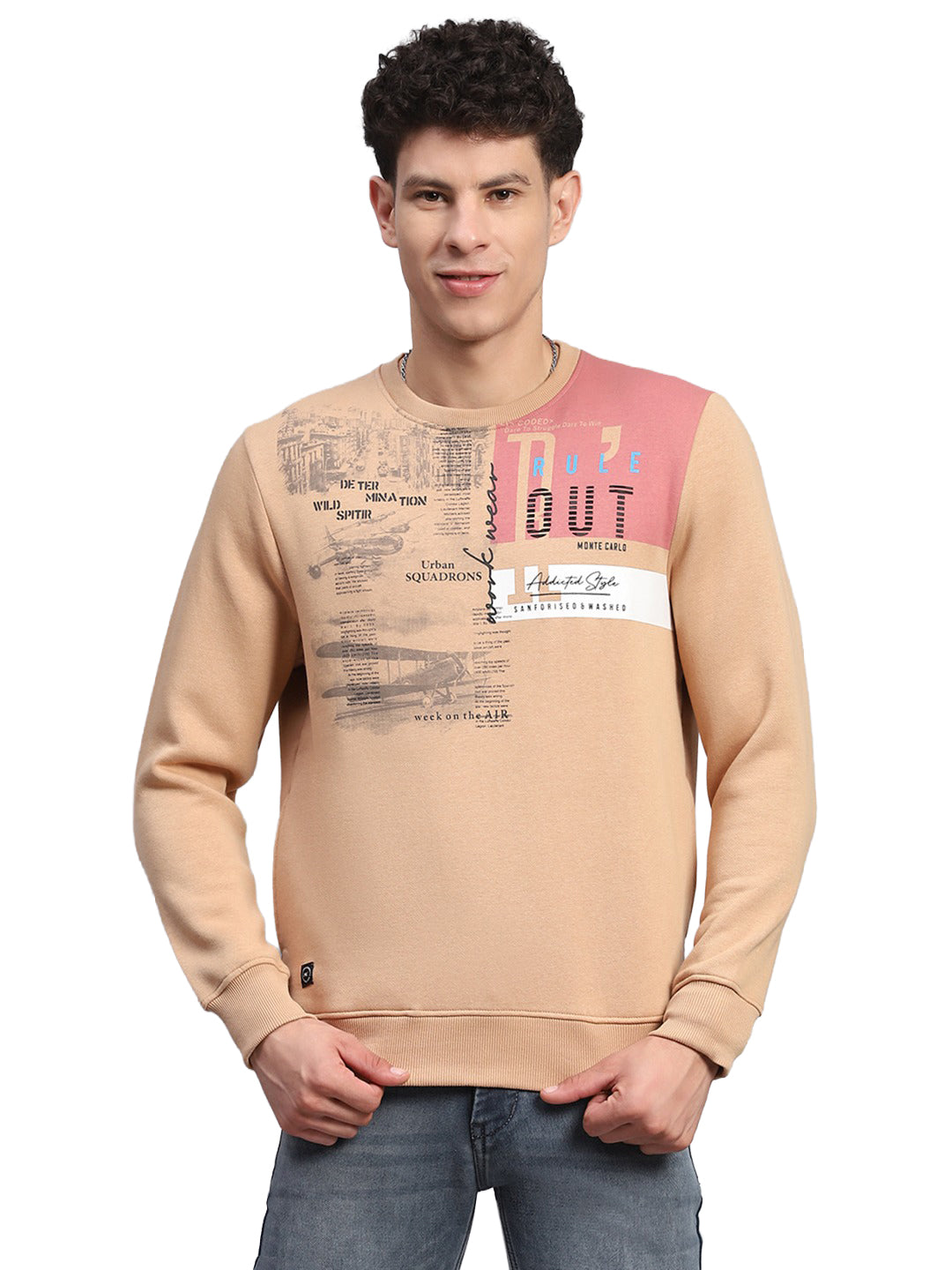Men Beige Printed Round Neck Full Sleeve Sweatshirt