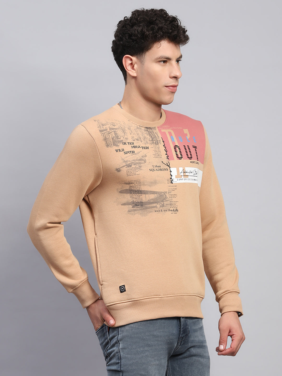 Men Beige Printed Round Neck Full Sleeve Sweatshirt