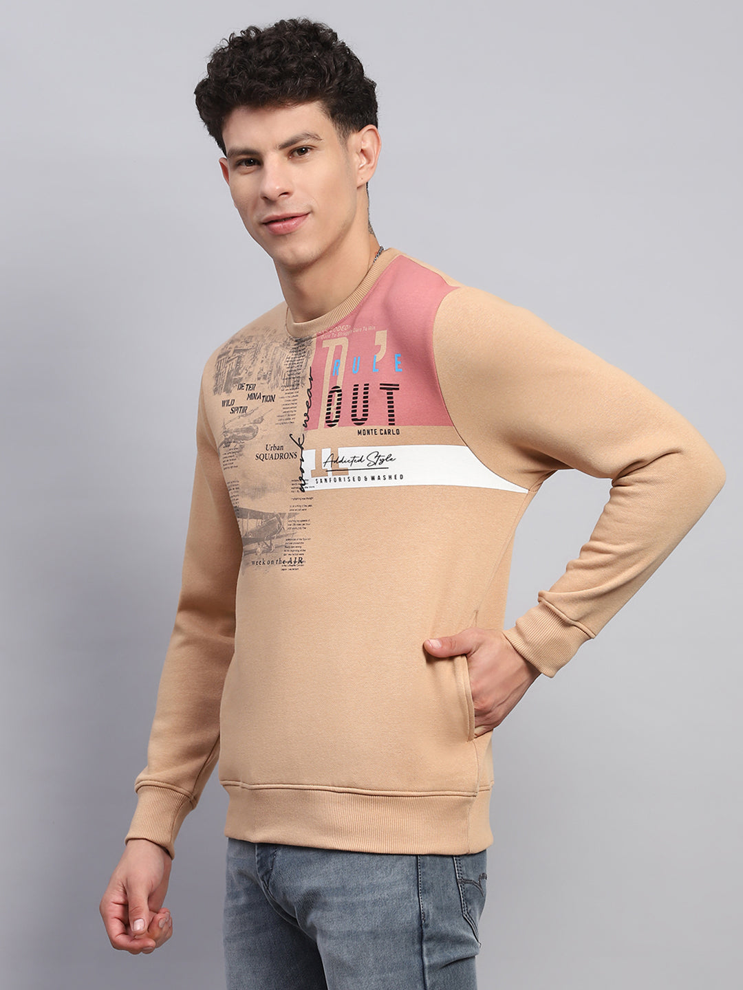 Men Beige Printed Round Neck Full Sleeve Sweatshirt