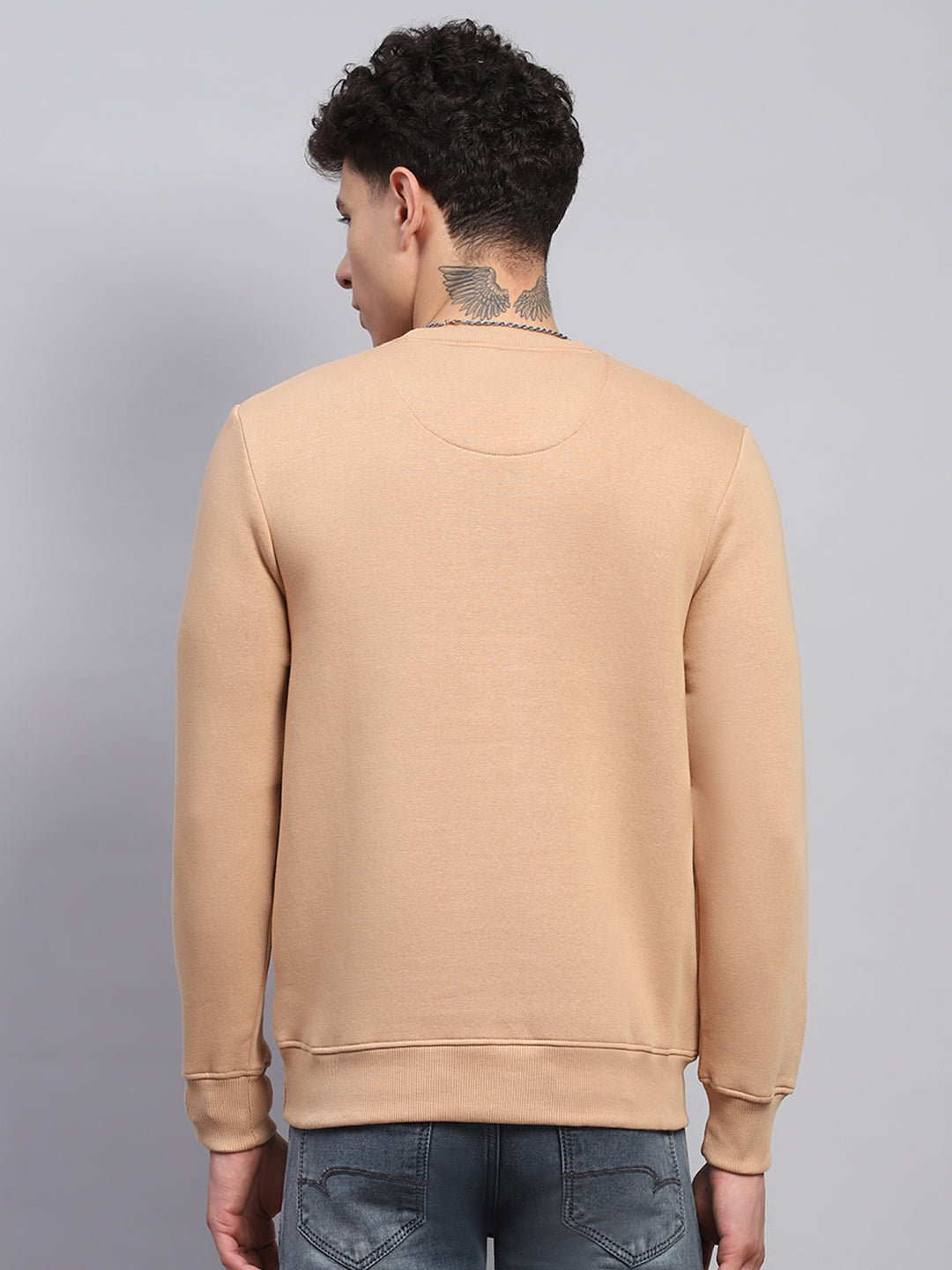 Men Beige Printed Round Neck Full Sleeve Sweatshirt