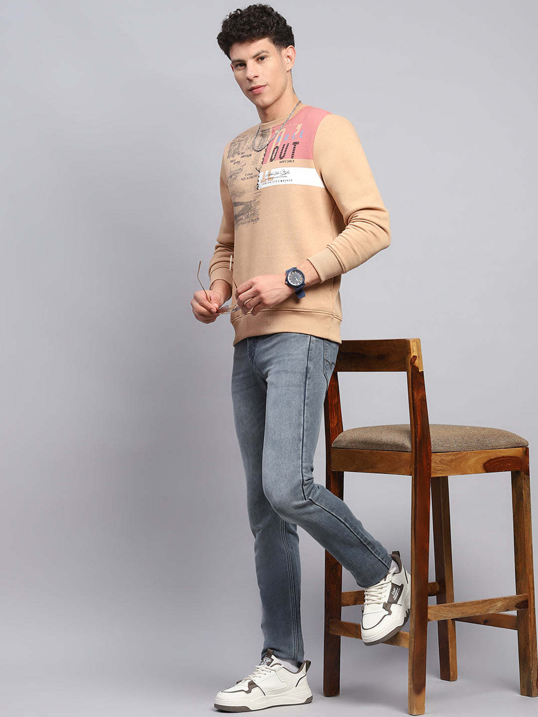 Men Beige Printed Round Neck Full Sleeve Sweatshirt