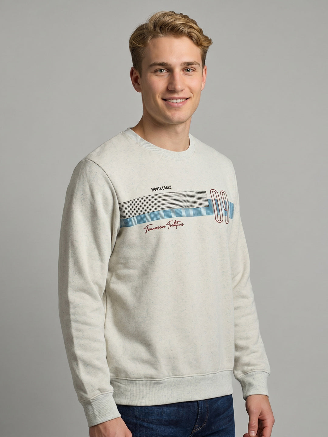 Men Blue Printed Round Neck Full Sleeve Sweatshirt