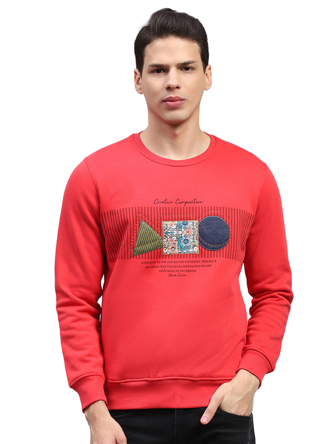 Men Red Printed Round Neck Full Sleeve Sweatshirt