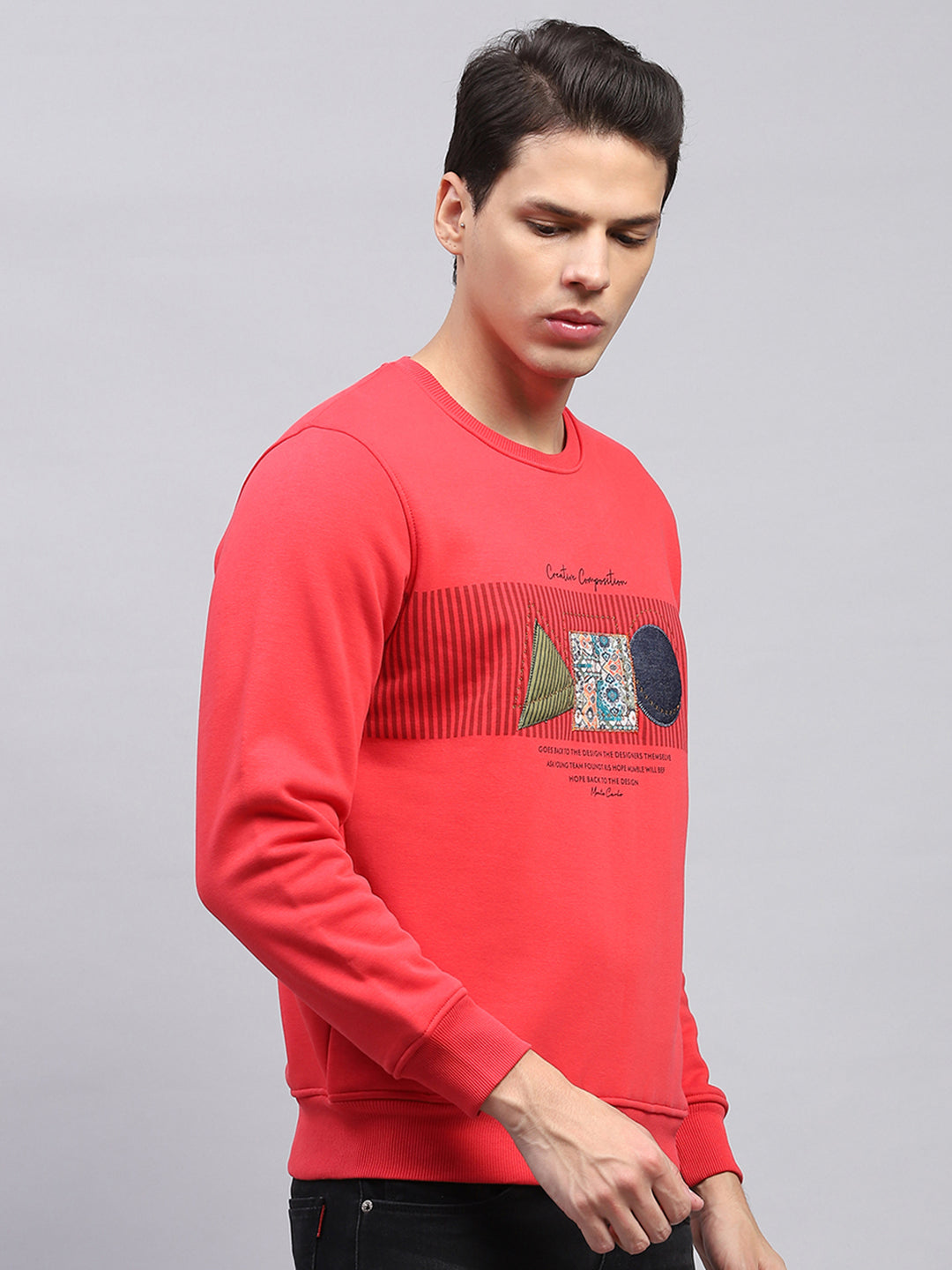 Men Red Printed Round Neck Full Sleeve Sweatshirt