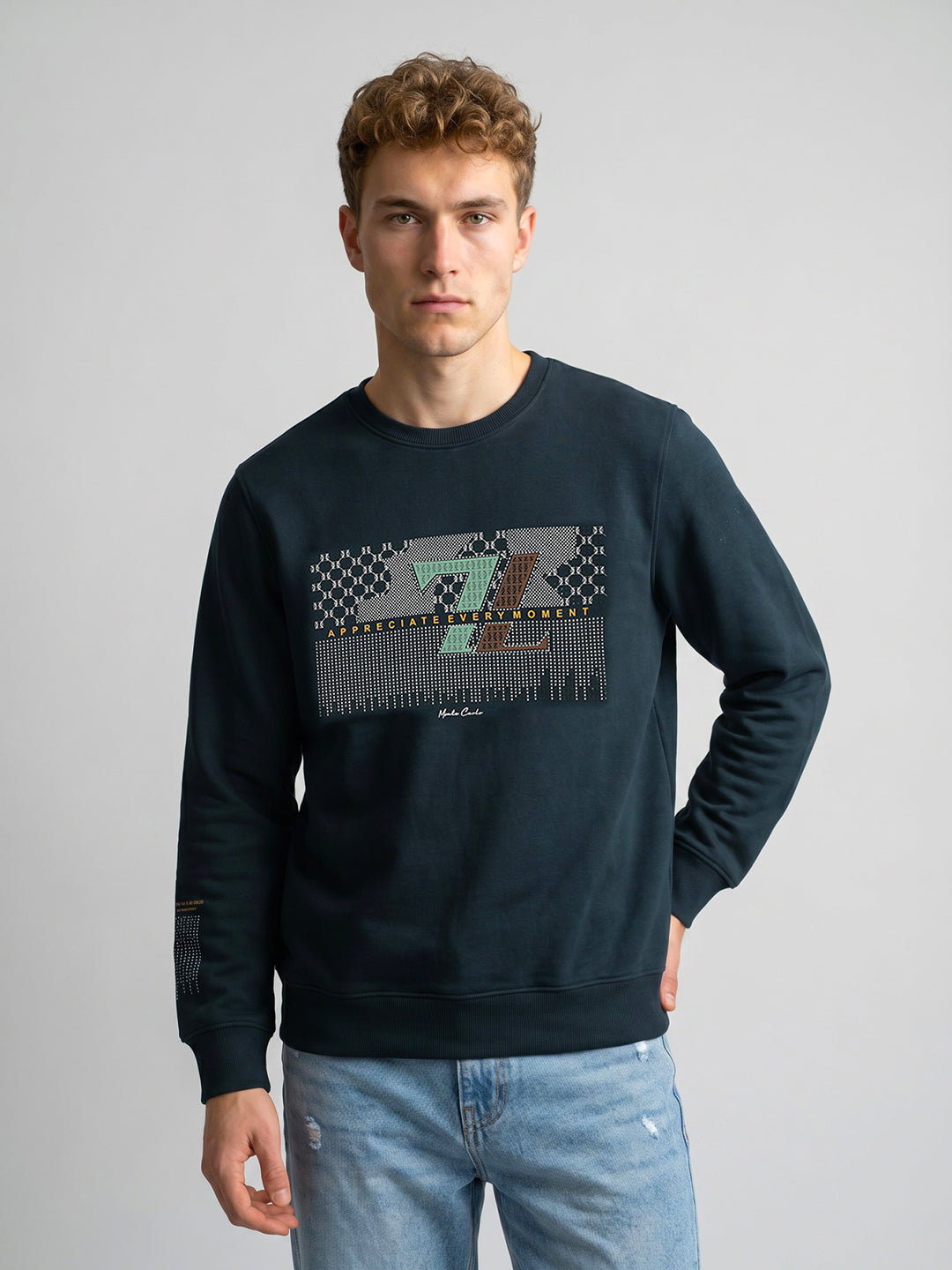 Men Navy Blue Printed Round Neck Full Sleeve Sweatshirt