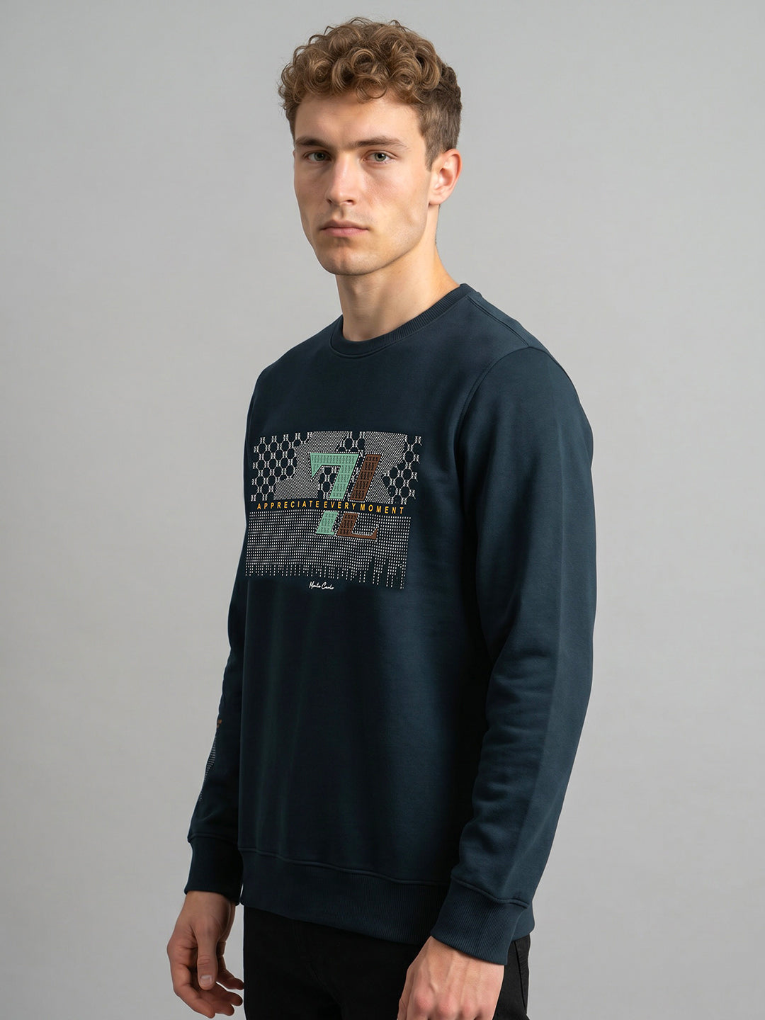 Men Navy Blue Printed Round Neck Full Sleeve Sweatshirt