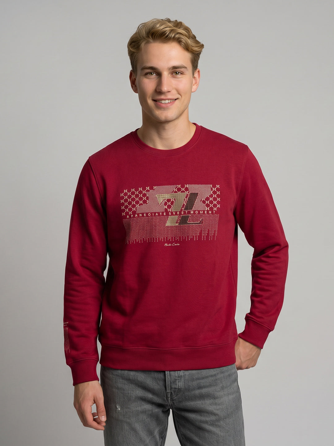 Men Red Printed Round Neck Full Sleeve Sweatshirt