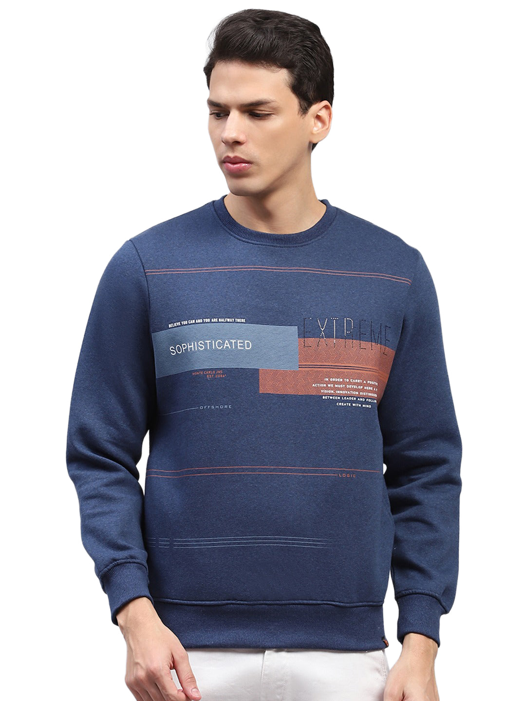 Men Blue Printed Round Neck Full Sleeve Sweatshirt