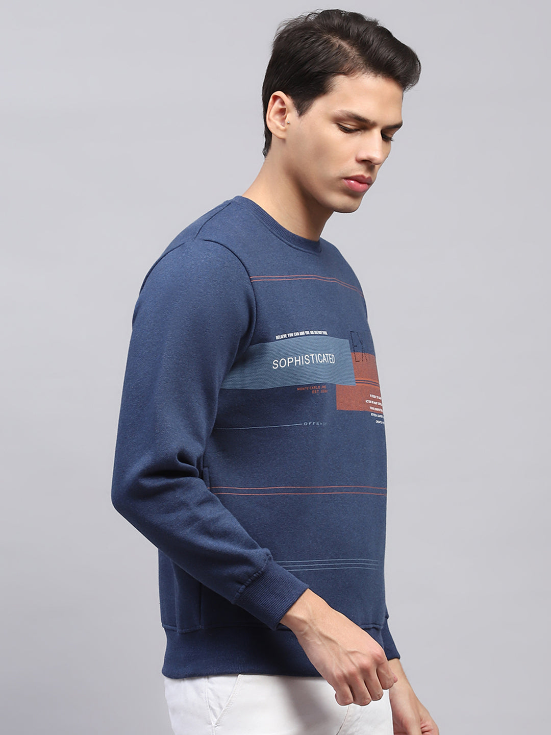 Men Blue Printed Round Neck Full Sleeve Sweatshirt