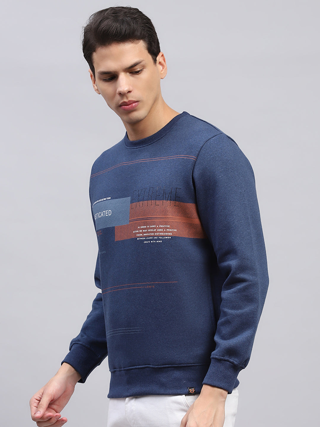 Men Blue Printed Round Neck Full Sleeve Sweatshirt