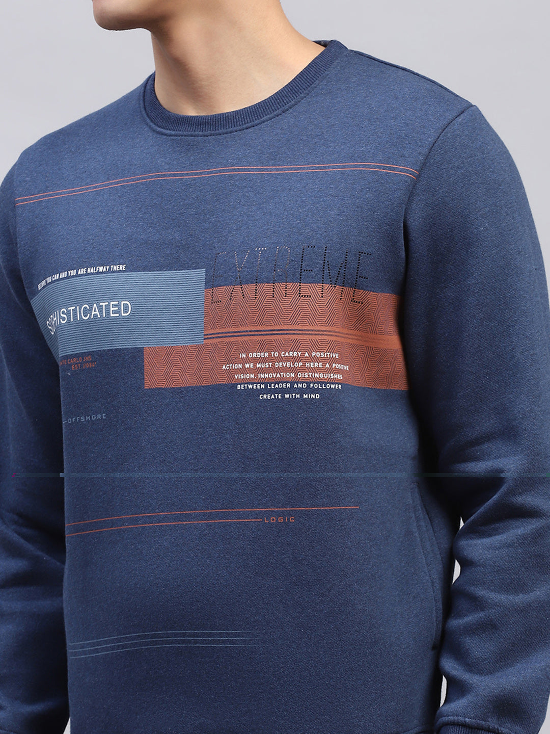 Men Blue Printed Round Neck Full Sleeve Sweatshirt