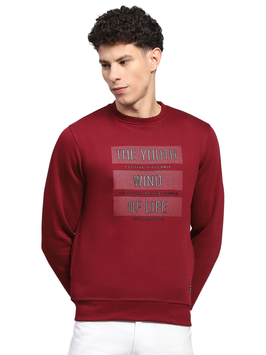 Men Maroon Printed Round Neck Full Sleeve Sweatshirt