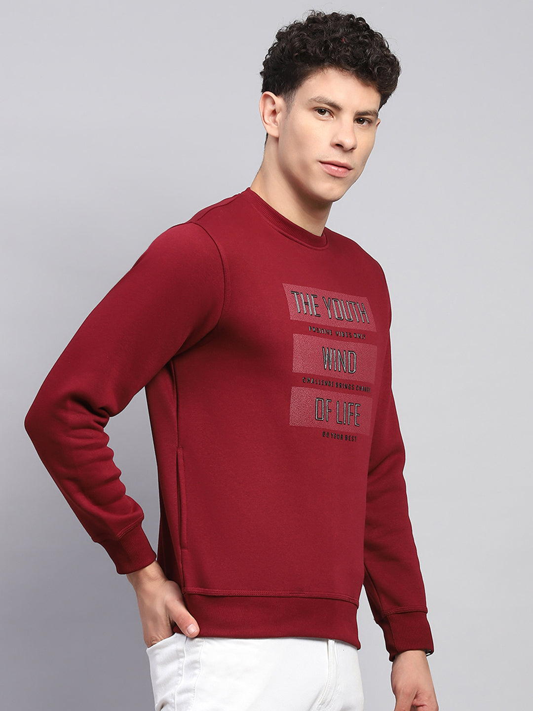 Men Maroon Printed Round Neck Full Sleeve Sweatshirt