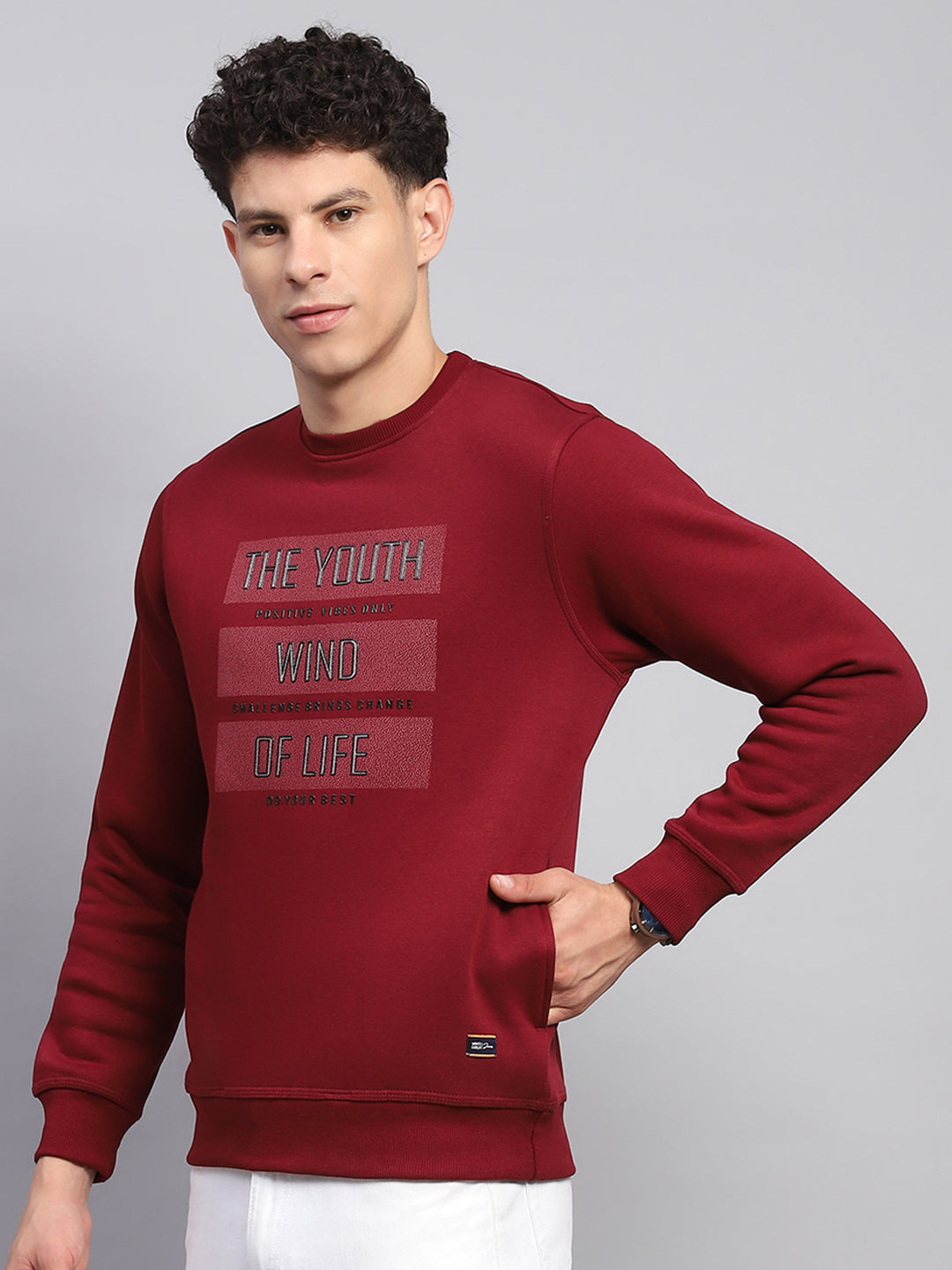 Men Maroon Printed Round Neck Full Sleeve Sweatshirt