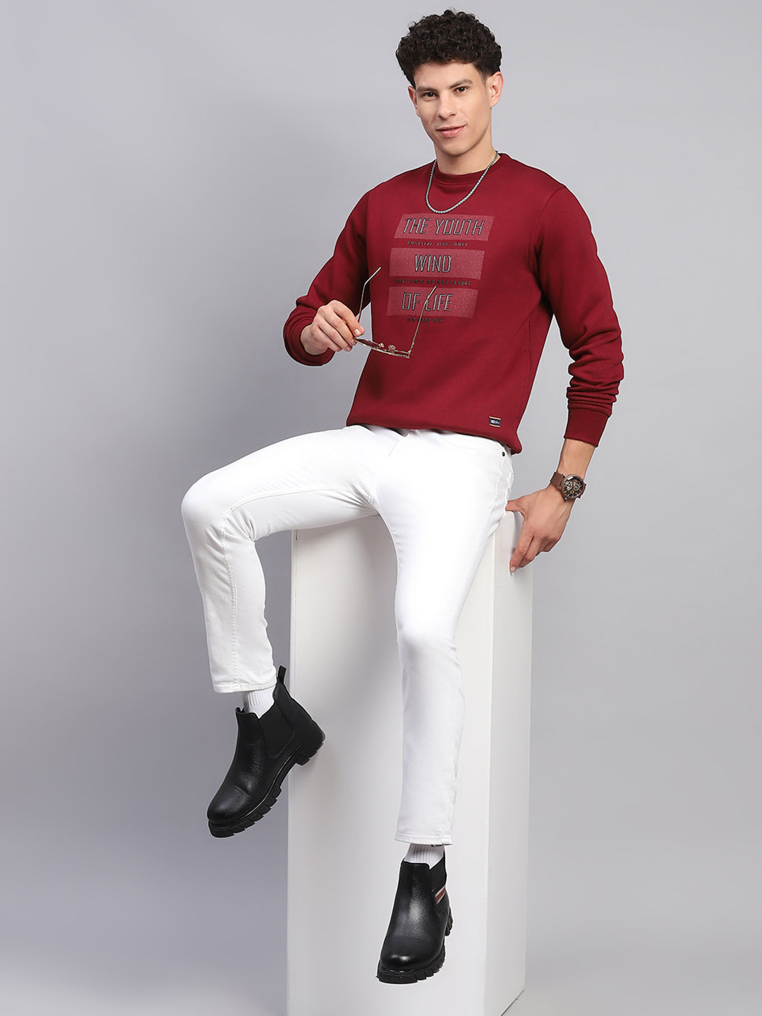 Men Maroon Printed Round Neck Full Sleeve Sweatshirt