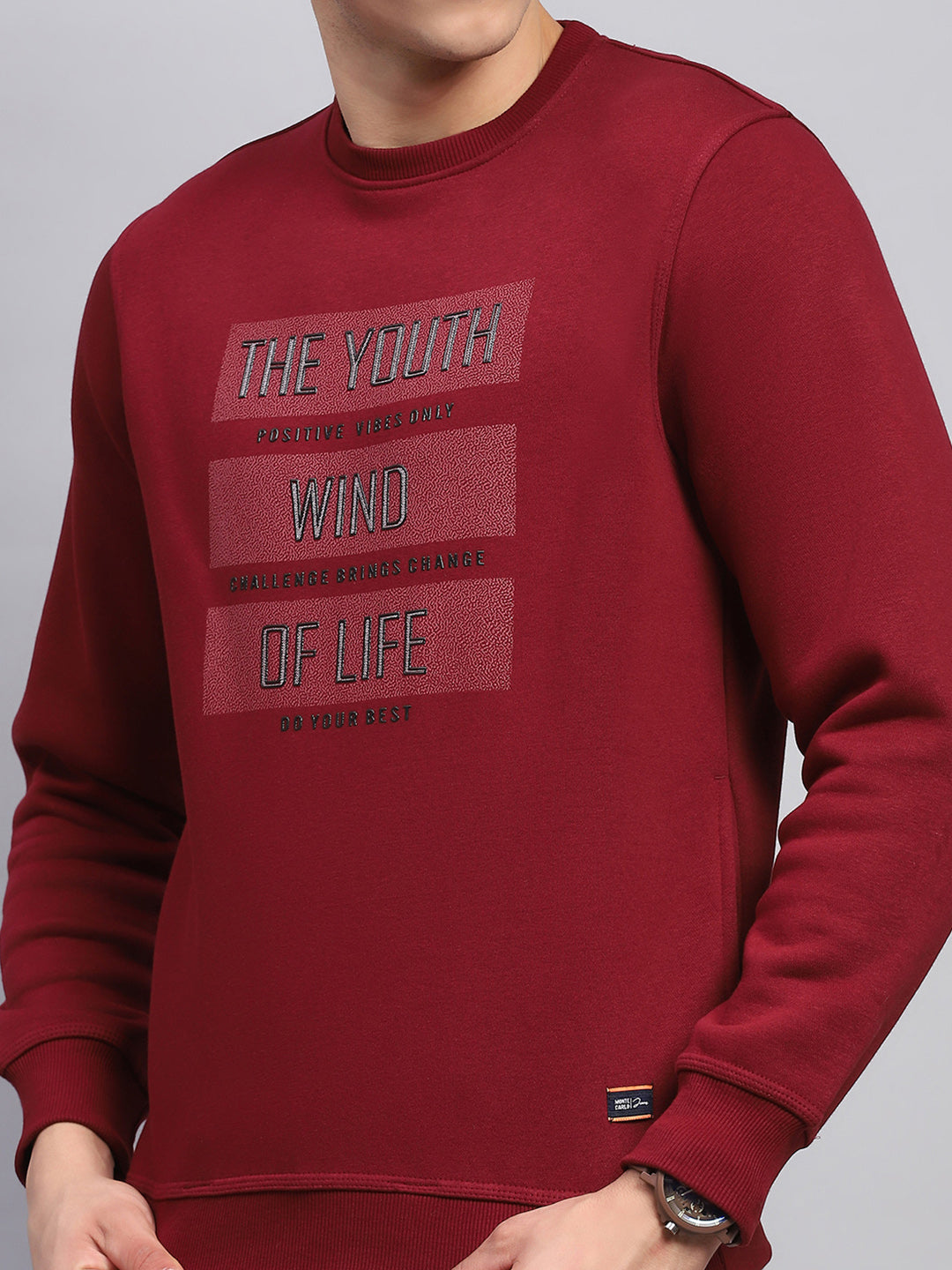 Men Maroon Printed Round Neck Full Sleeve Sweatshirt