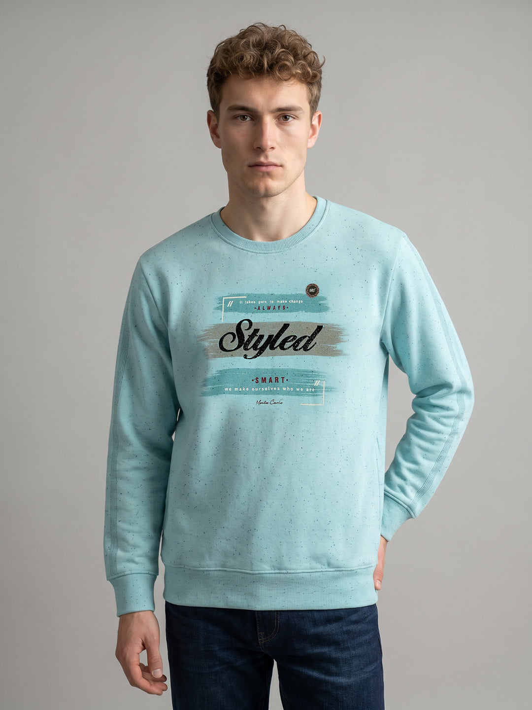 Men Sky Blue Printed Round Neck Full Sleeve Sweatshirt