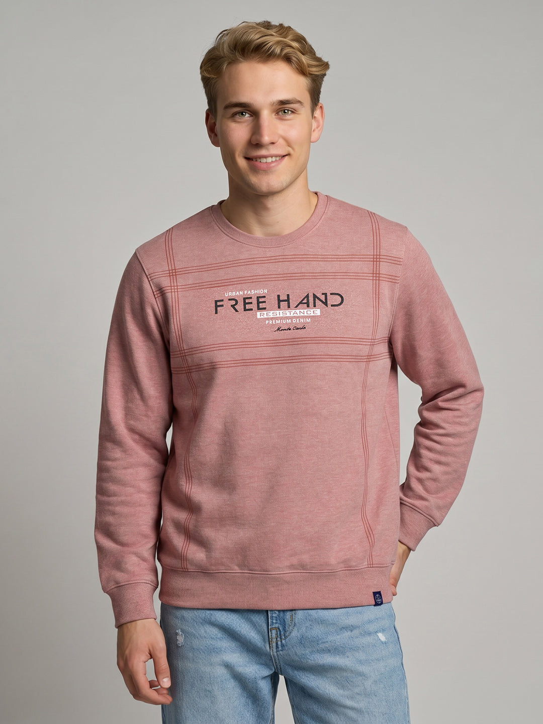Men Pink Printed Round Neck Full Sleeve Sweatshirt