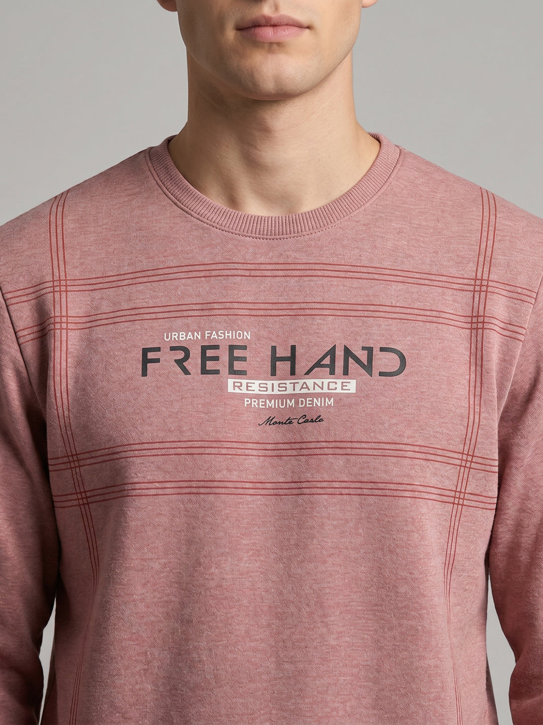 Men Pink Printed Round Neck Full Sleeve Sweatshirt