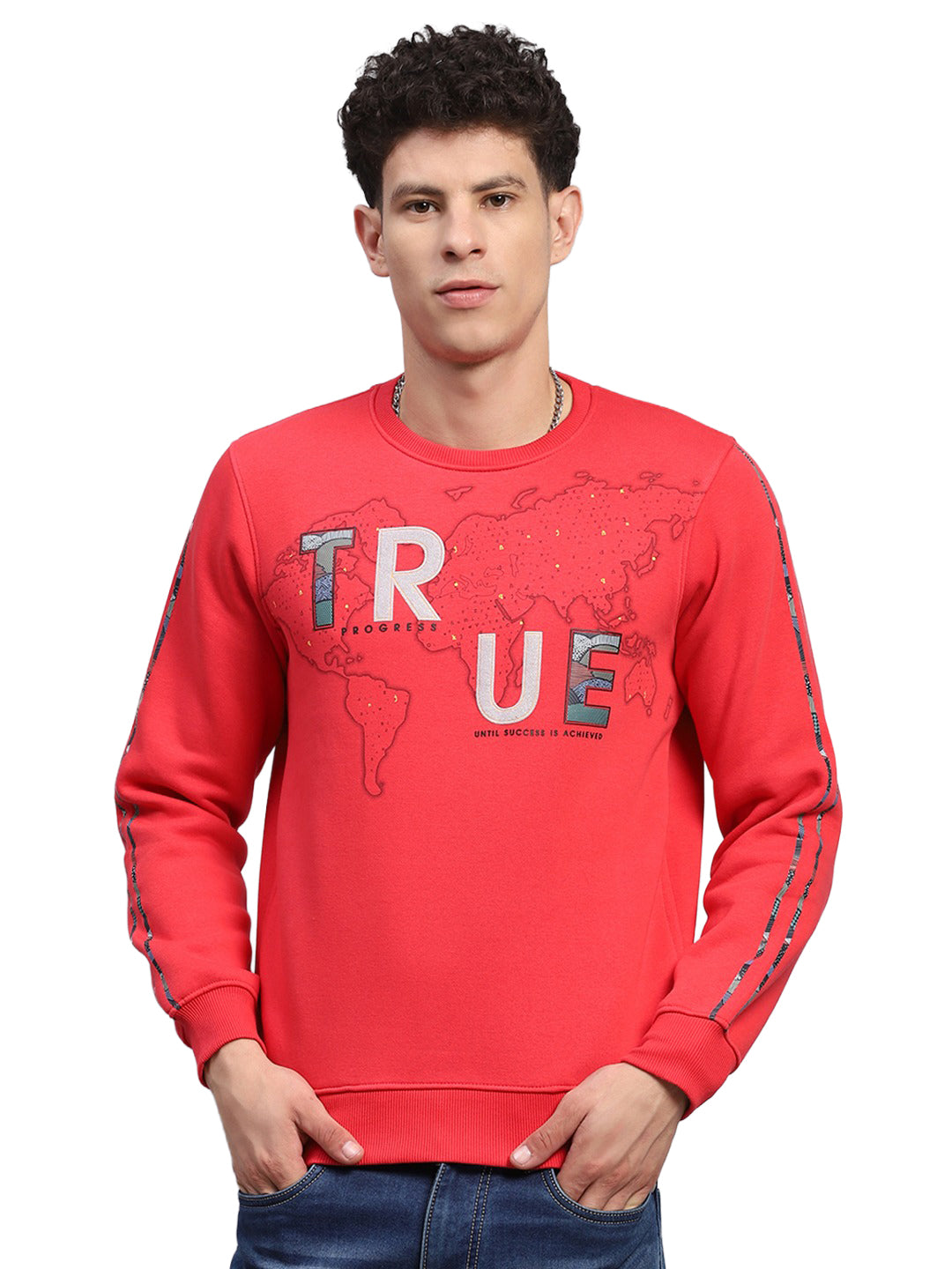 Men Red Printed Round Neck Full Sleeve Sweatshirt