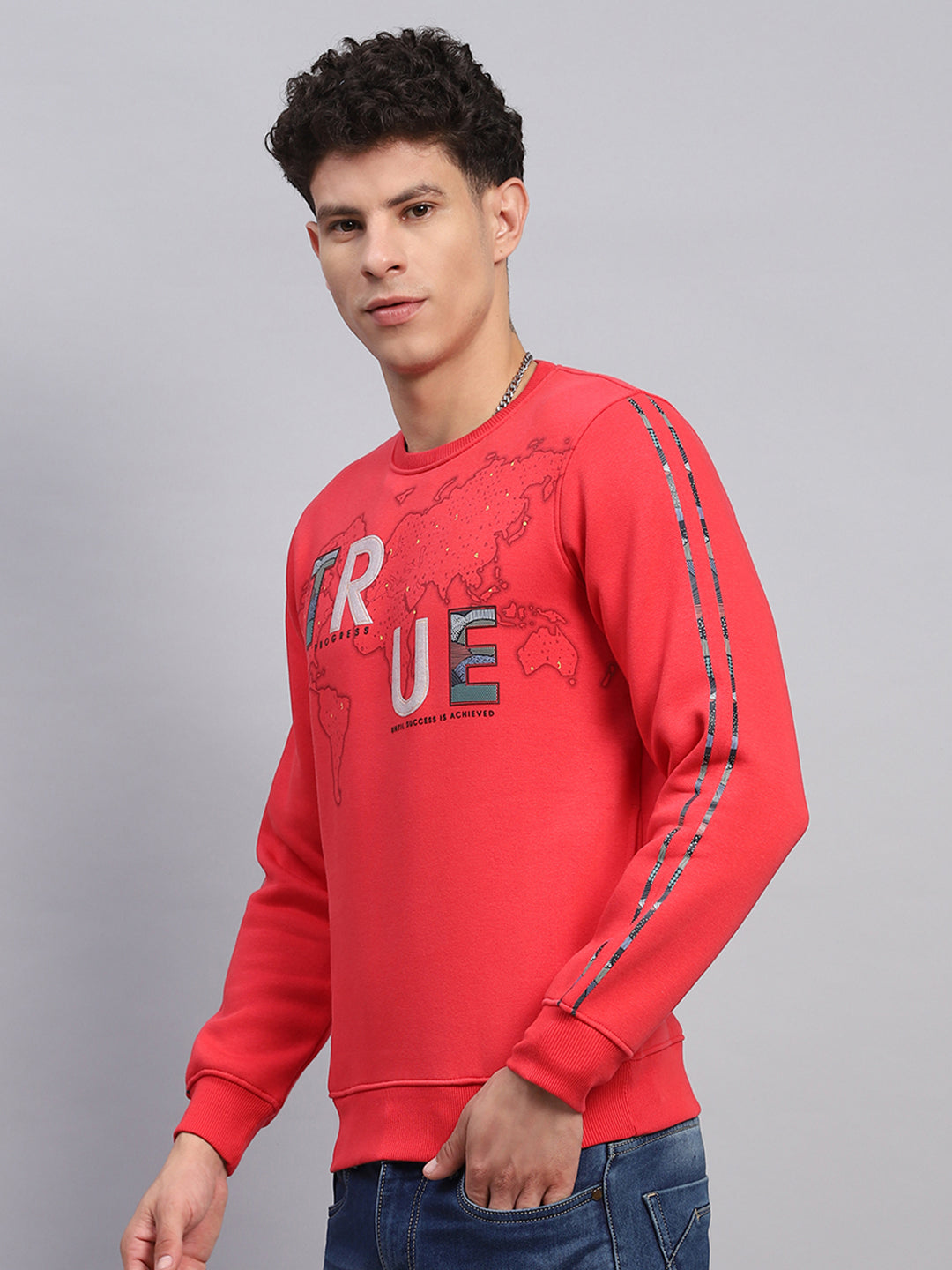 Men Red Printed Round Neck Full Sleeve Sweatshirt