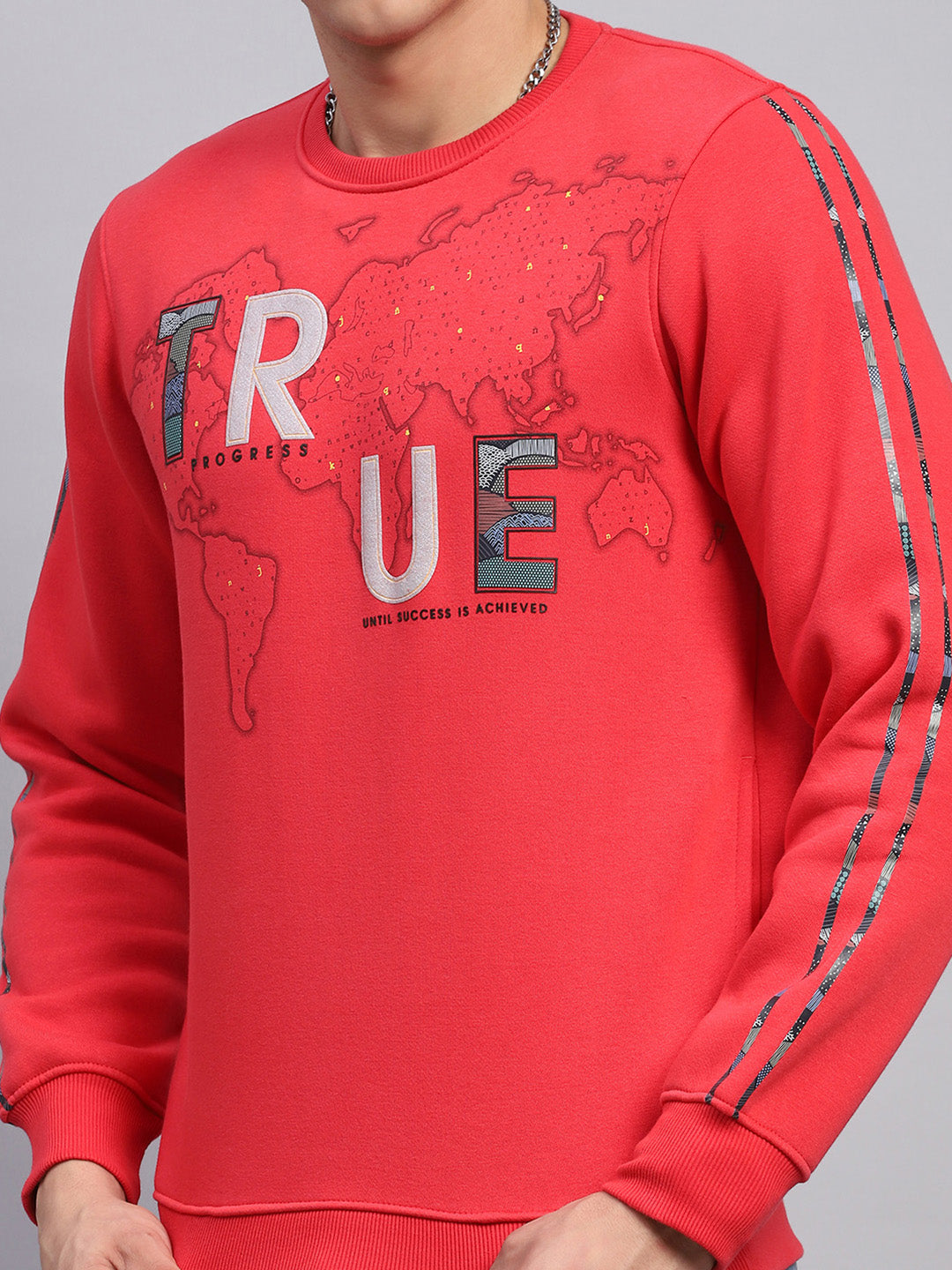Men Red Printed Round Neck Full Sleeve Sweatshirt