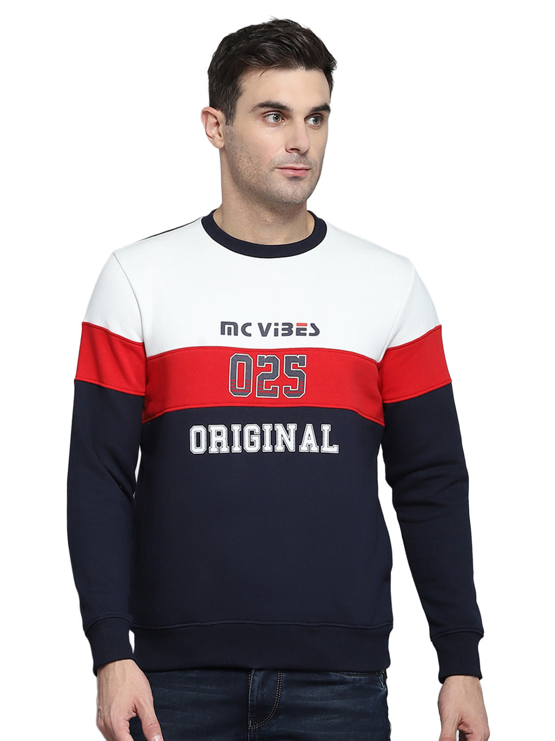 Men Navy Blue Printed Round Neck Full Sleeve Sweatshirt