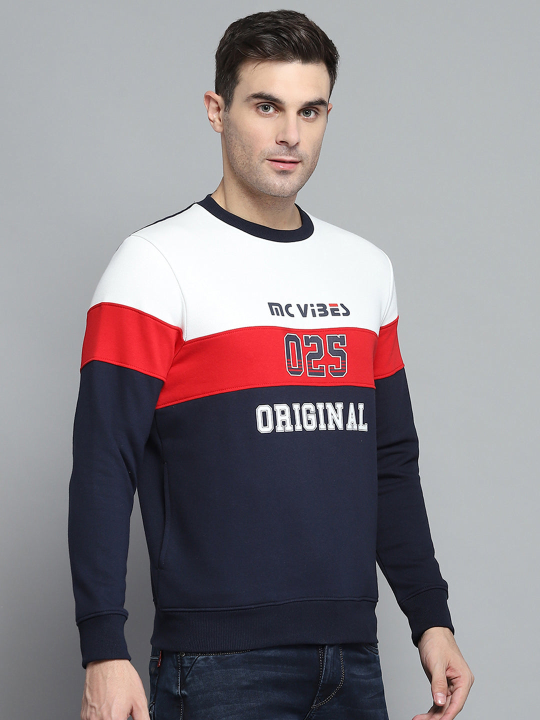 Men Navy Blue Printed Round Neck Full Sleeve Sweatshirt