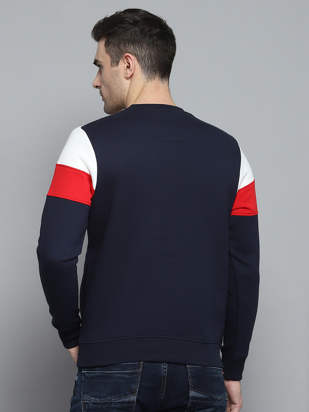 Men Navy Blue Printed Round Neck Full Sleeve Sweatshirt