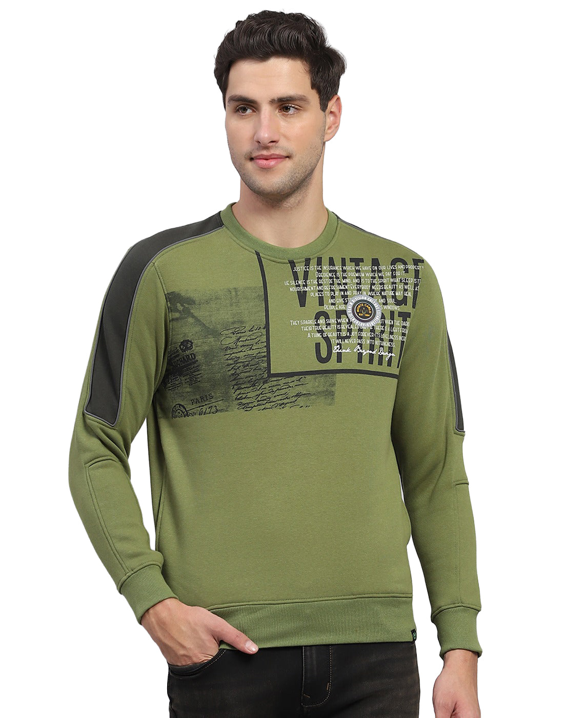 Men Green Printed Round Neck Full Sleeve Sweatshirt