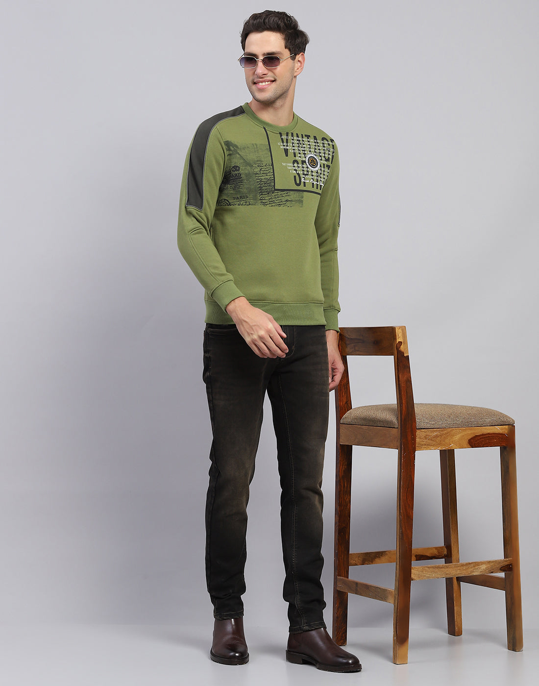 Men Green Printed Round Neck Full Sleeve Sweatshirt