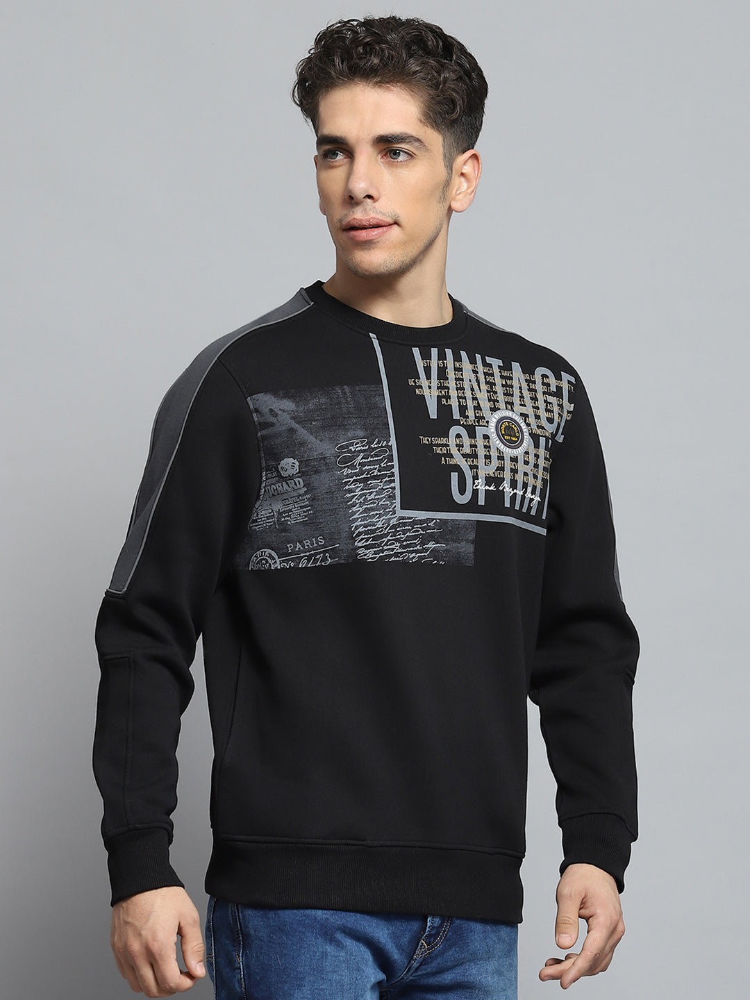 Men Black Printed Round Neck Full Sleeve Sweatshirt