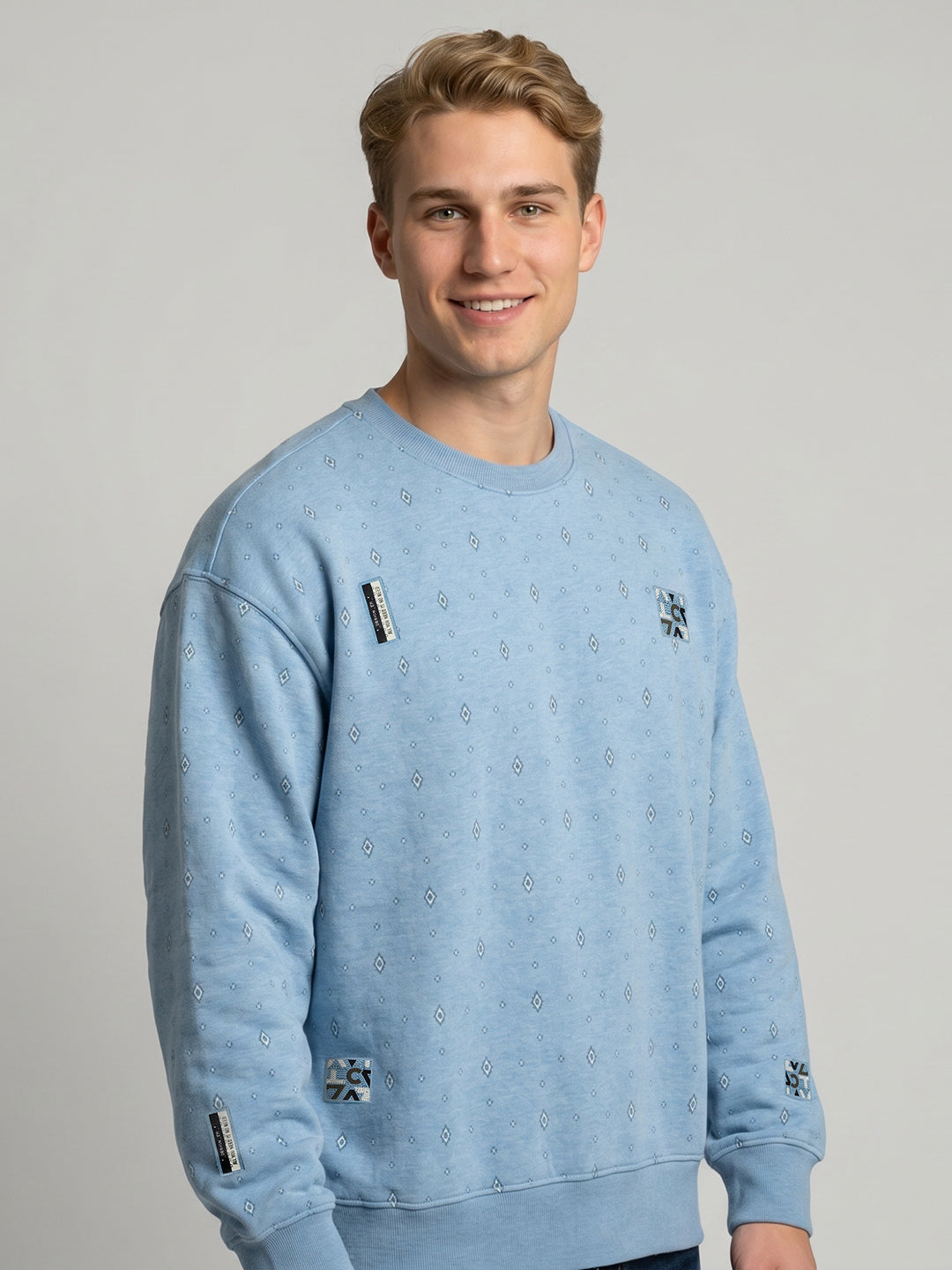 Men Sky Blue Printed Round Neck Full Sleeve Sweatshirt