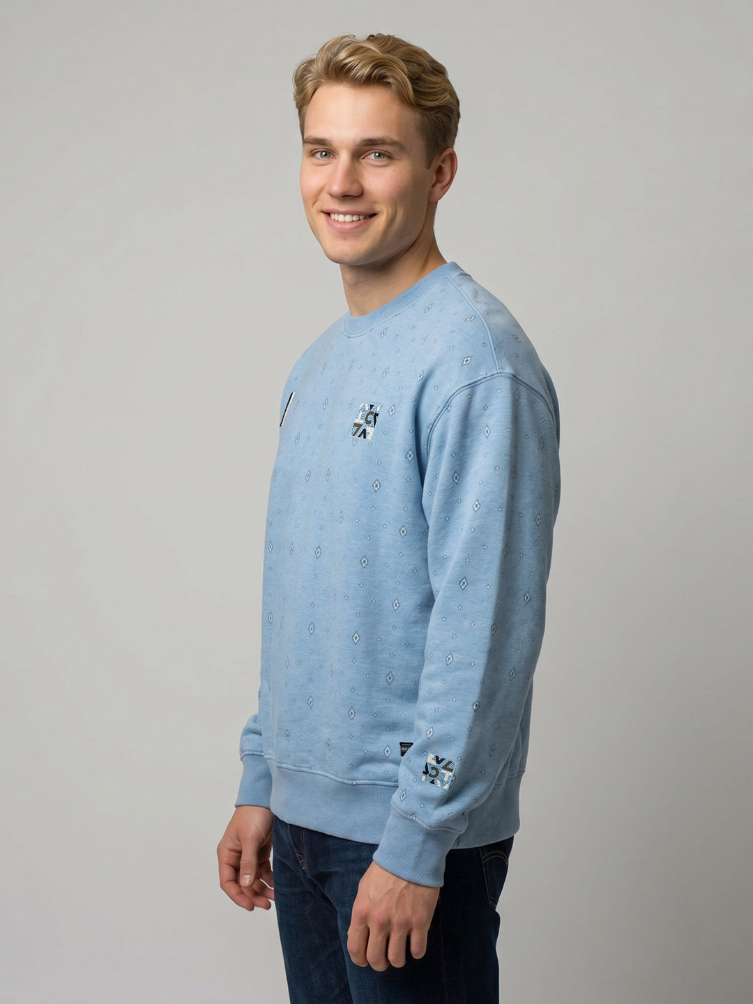 Men Sky Blue Printed Round Neck Full Sleeve Sweatshirt