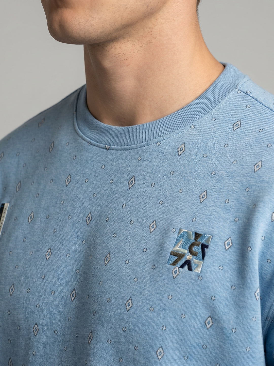 Men Sky Blue Printed Round Neck Full Sleeve Sweatshirt