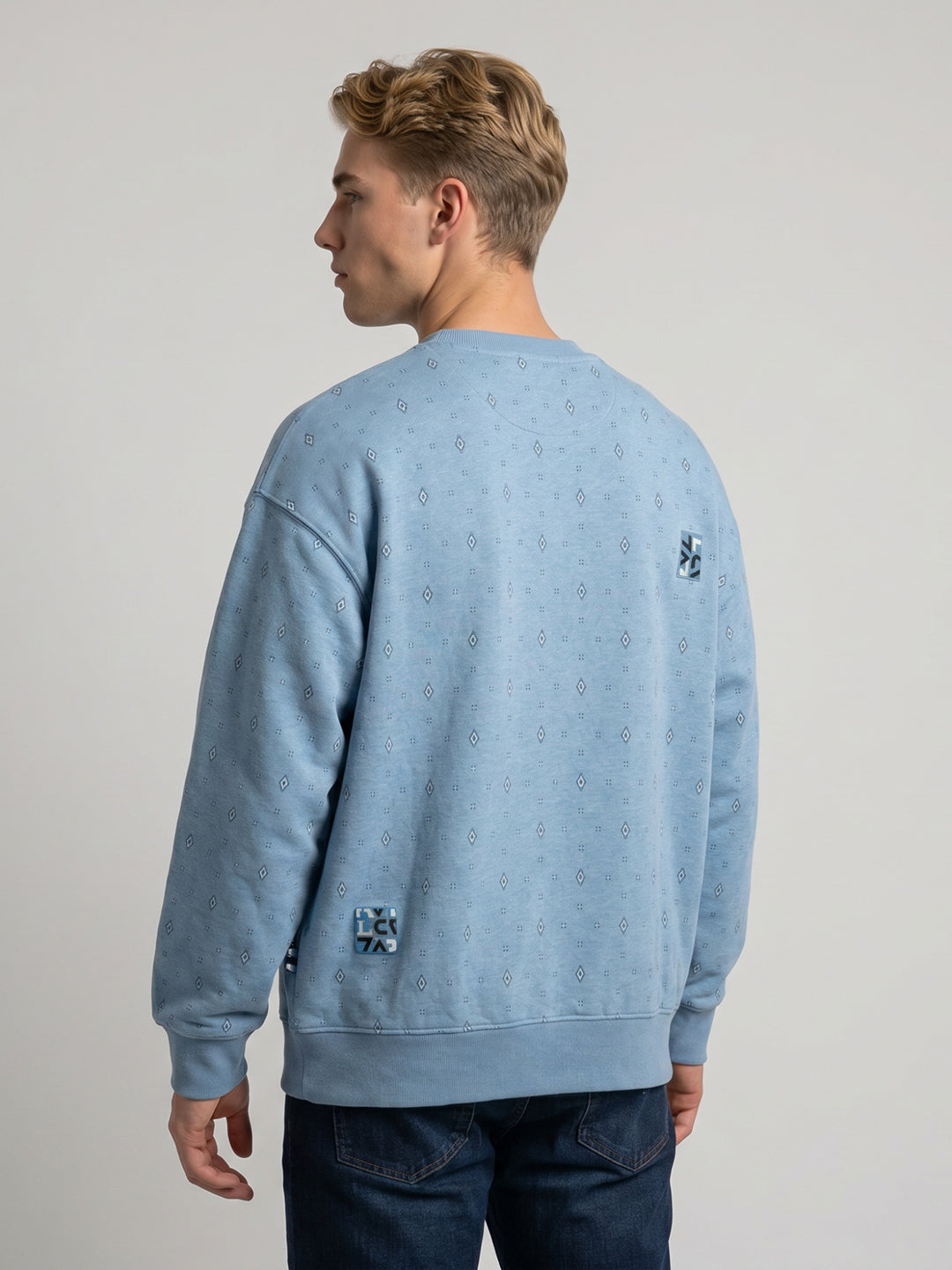 Men Sky Blue Printed Round Neck Full Sleeve Sweatshirt