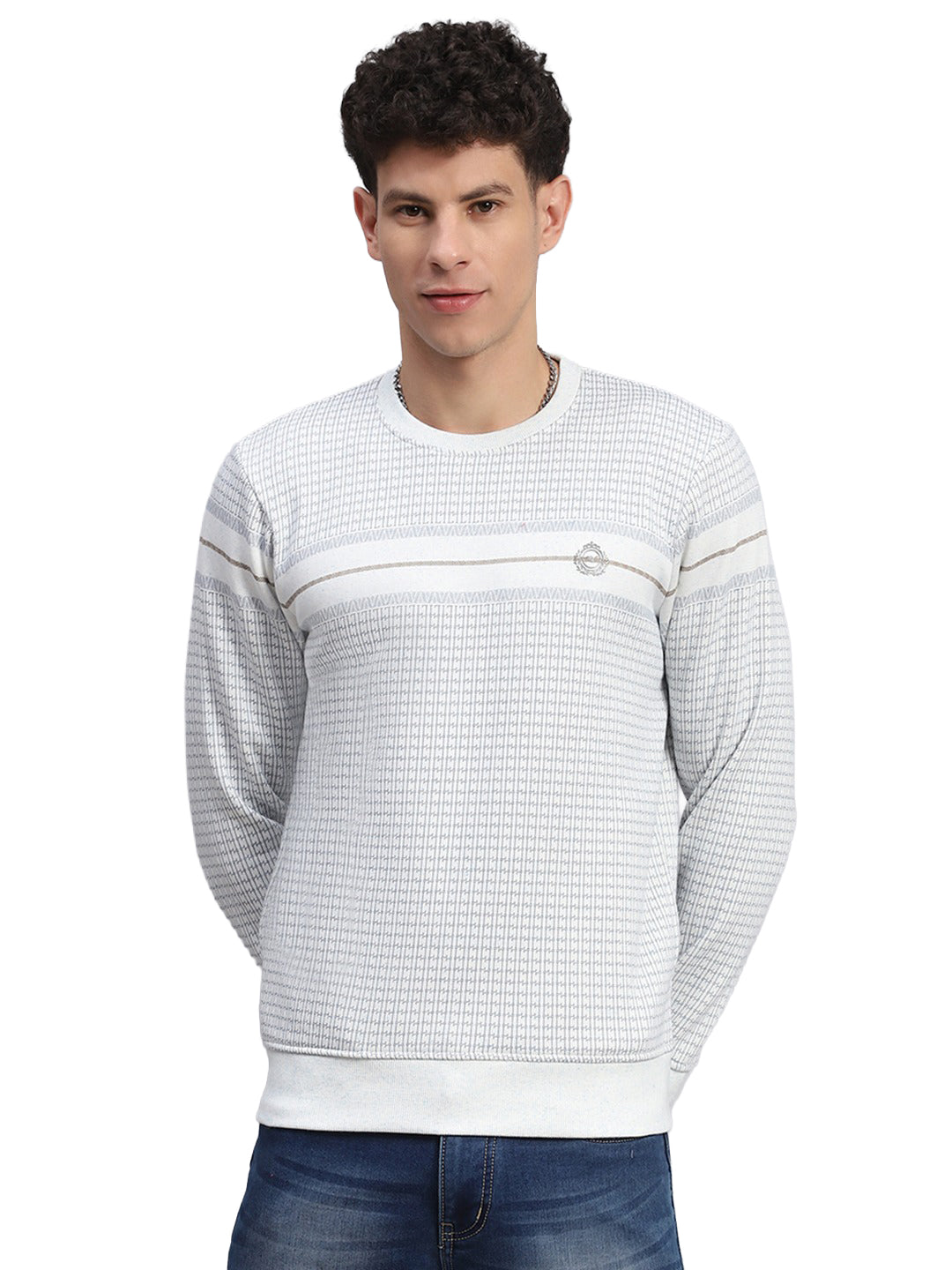 Men Sky Blue Printed Round Neck Full Sleeve Sweatshirt