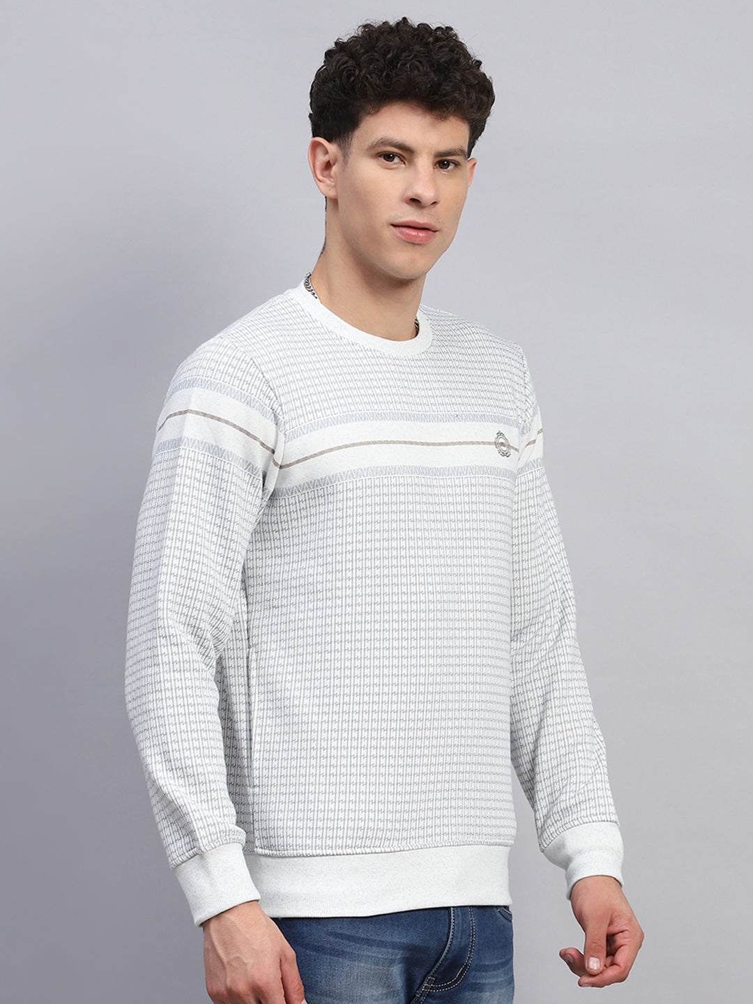 Men Sky Blue Printed Round Neck Full Sleeve Sweatshirt
