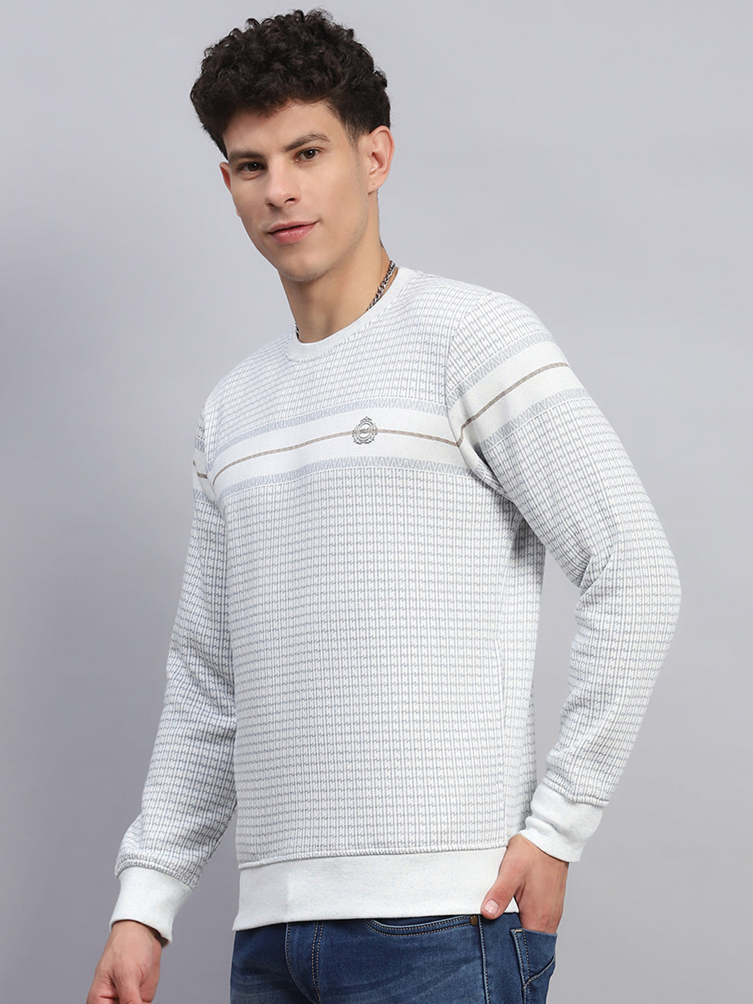 Men Sky Blue Printed Round Neck Full Sleeve Sweatshirt