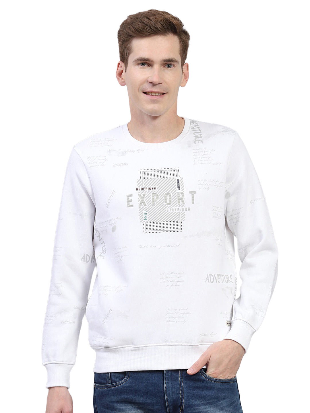 Men White Printed Round Neck Full Sleeve Sweatshirt