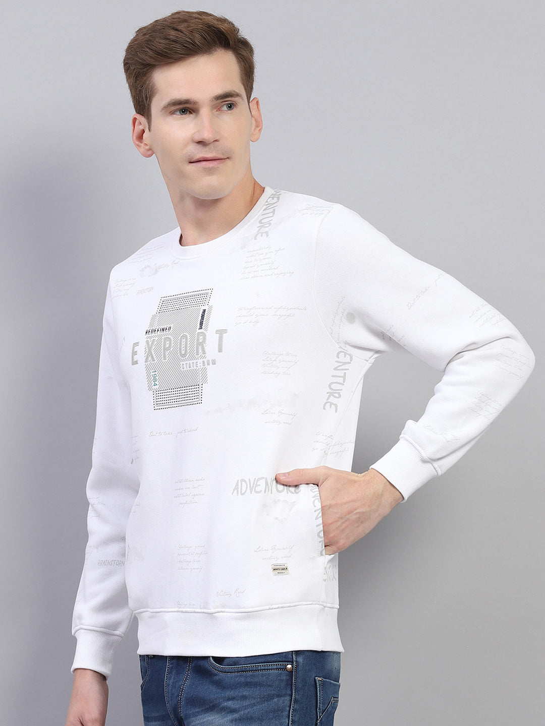 Men White Printed Round Neck Full Sleeve Sweatshirt