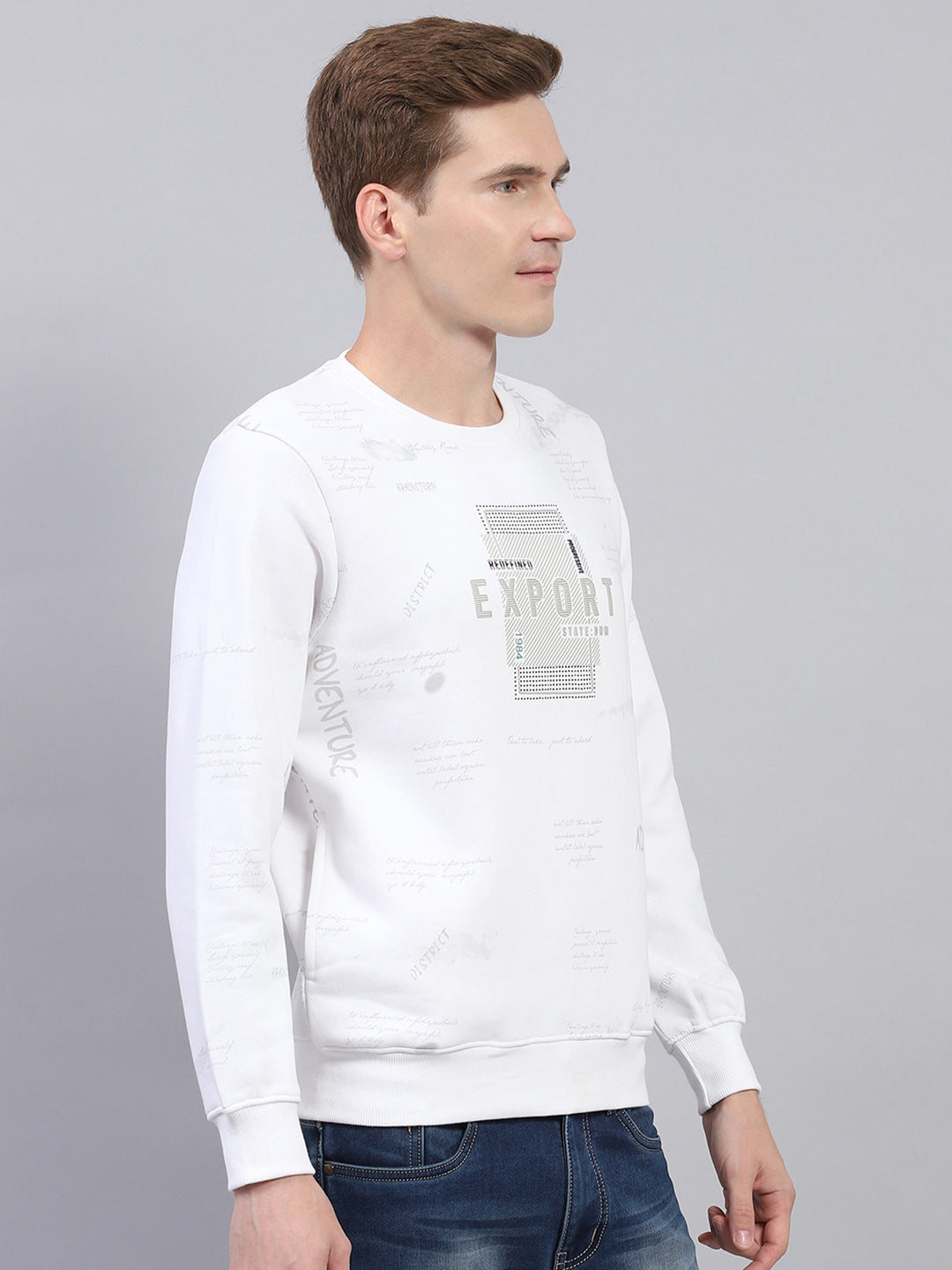 Men White Printed Round Neck Full Sleeve Sweatshirt
