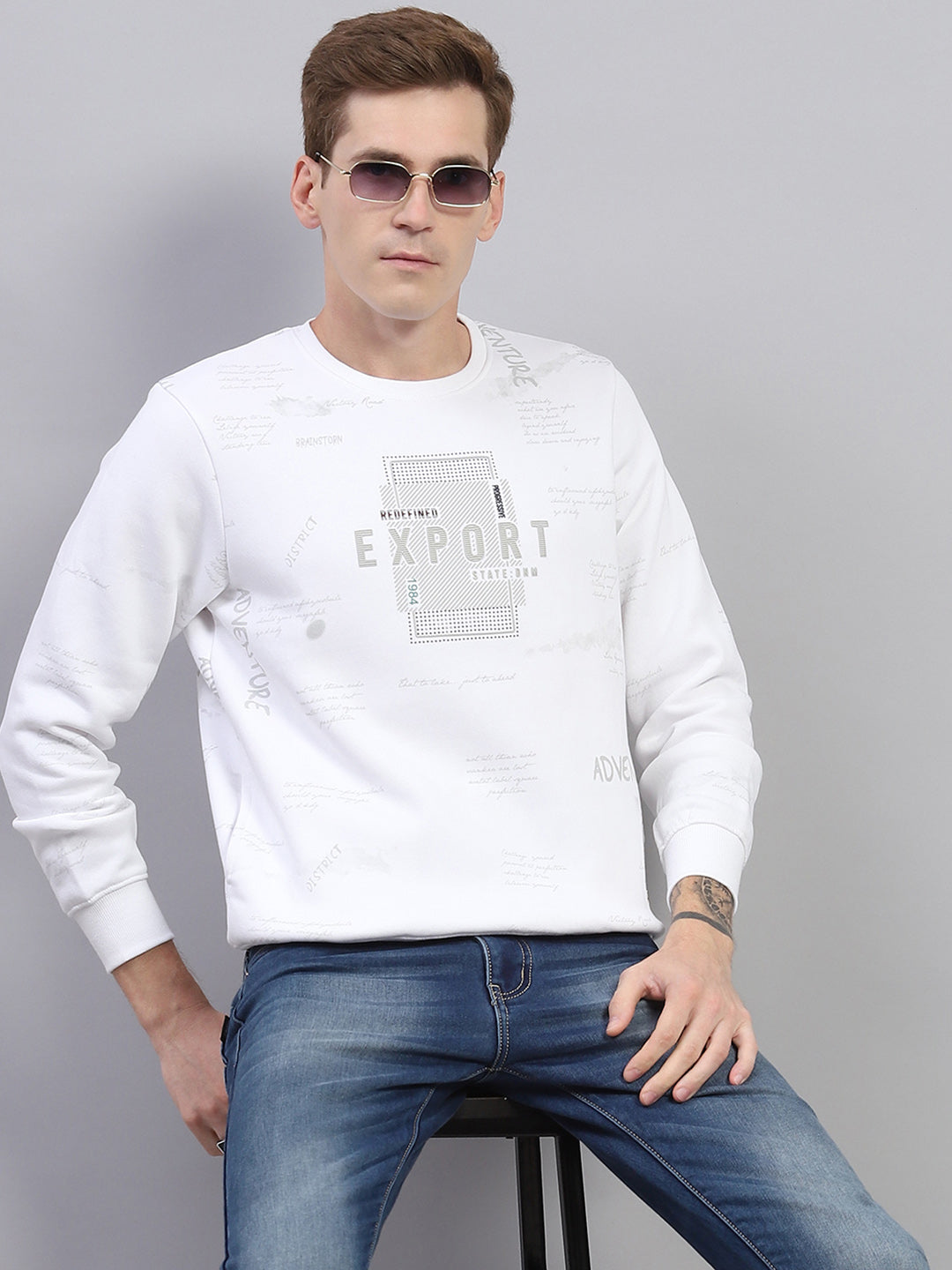 Men White Printed Round Neck Full Sleeve Sweatshirt