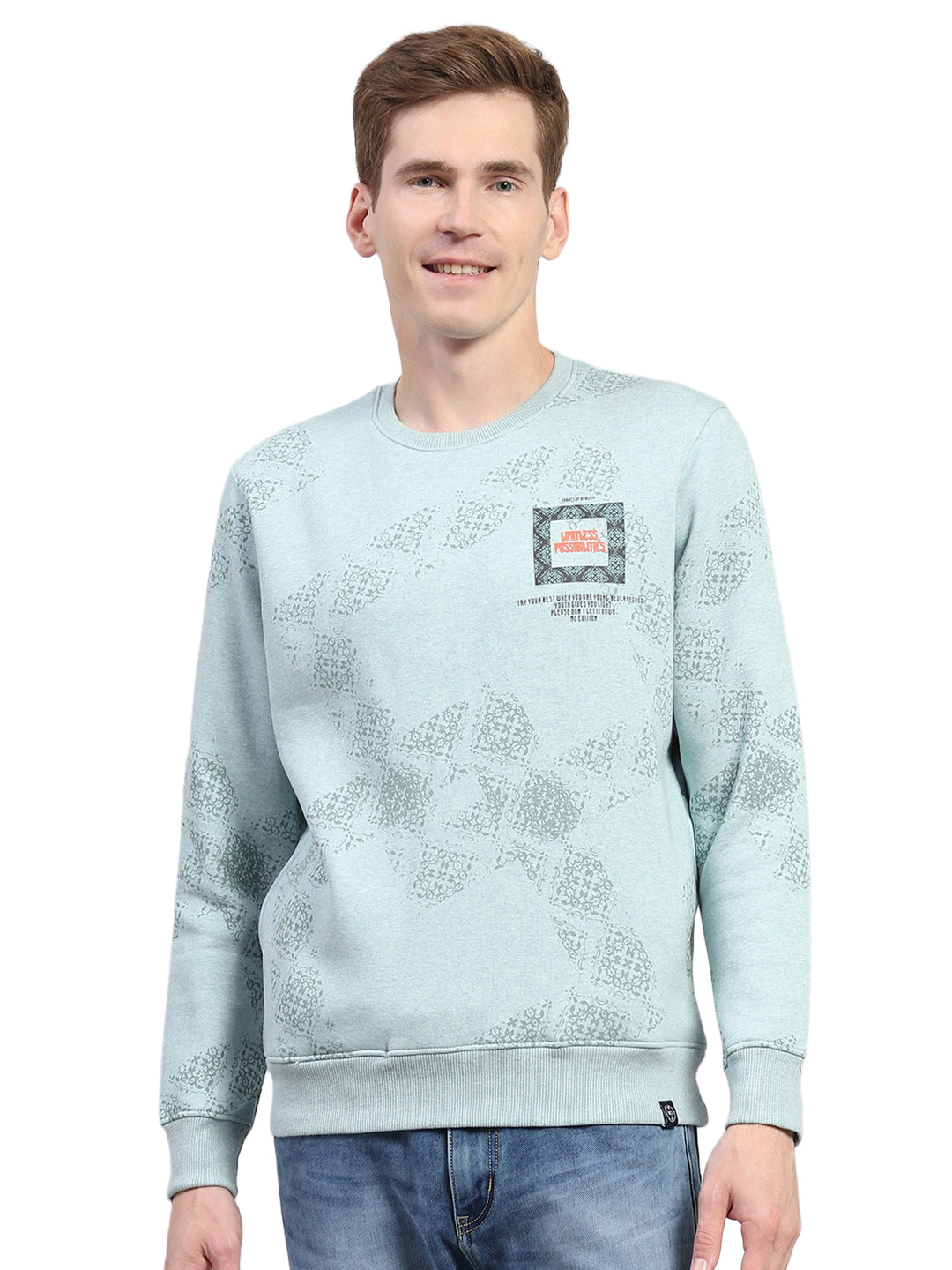 Men Sky Blue Printed Round Neck Full Sleeve Sweatshirt