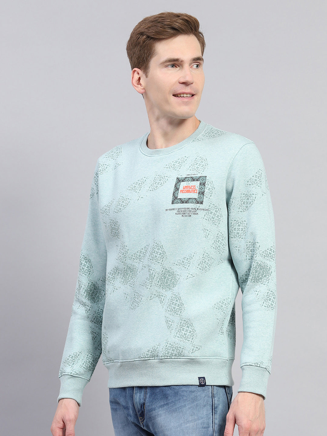 Men Sky Blue Printed Round Neck Full Sleeve Sweatshirt