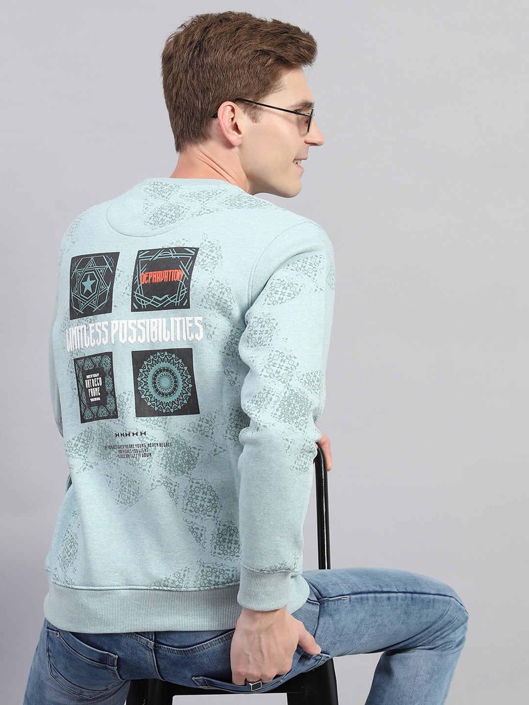 Men Sky Blue Printed Round Neck Full Sleeve Sweatshirt