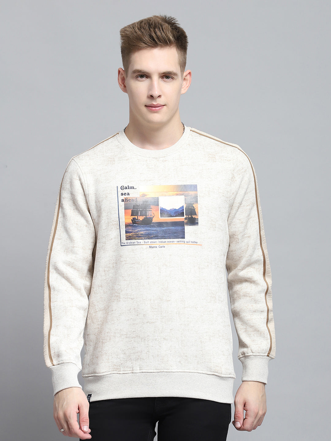 Men Beige Printed Round Neck Full Sleeve Sweatshirt