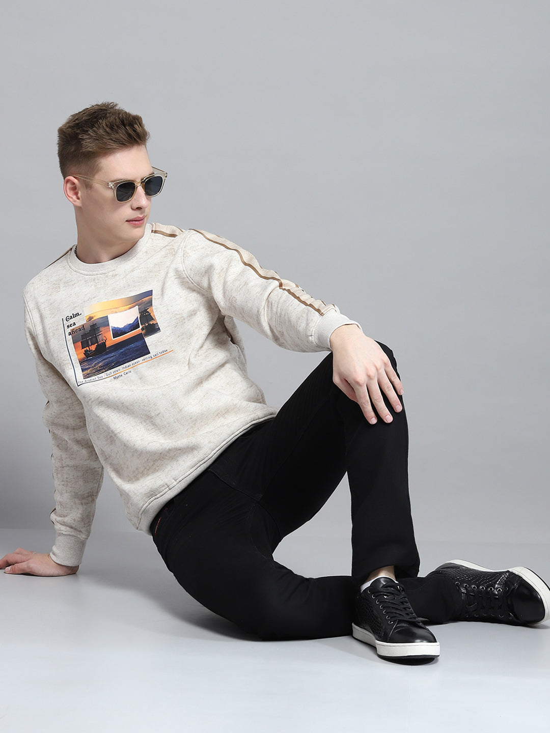 Men Beige Printed Round Neck Full Sleeve Sweatshirt