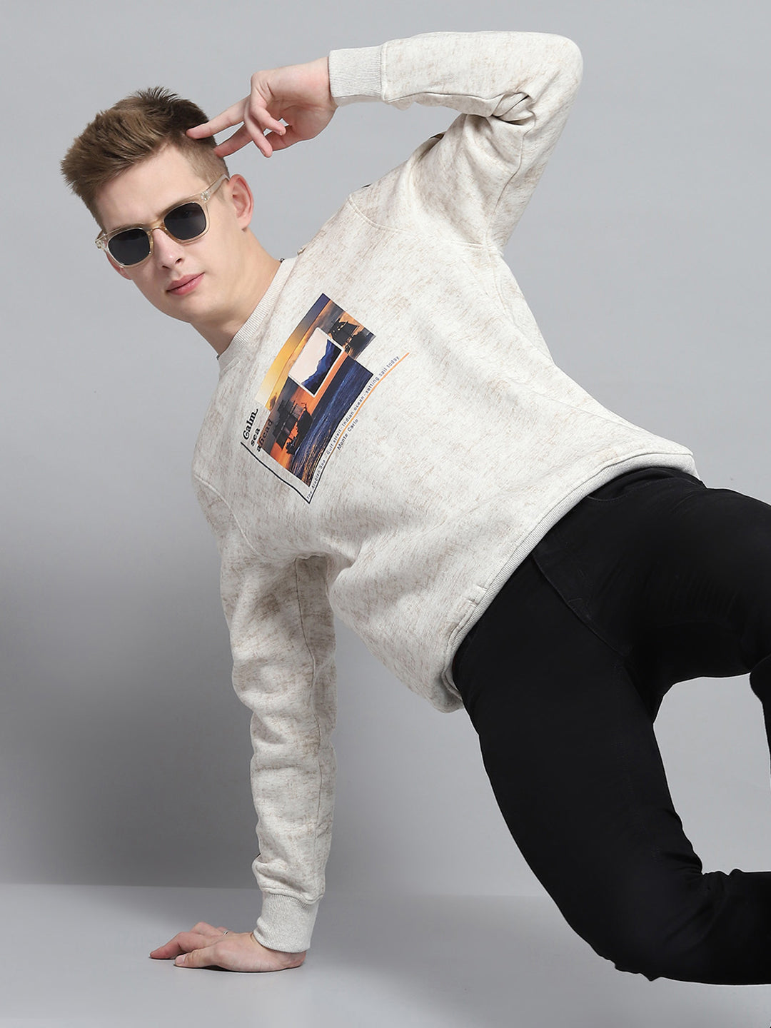Men Beige Printed Round Neck Full Sleeve Sweatshirt